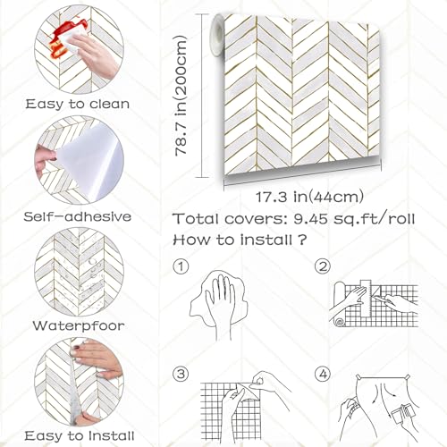 Gold and Light Gray Peel and Stick Wallpaper, Modern Geometric Contact Paper 17.3''x78.7'', Removable Herringbone Wallpaper, Geometric Striped Contact Paper Self-Adhesive for Cabinets