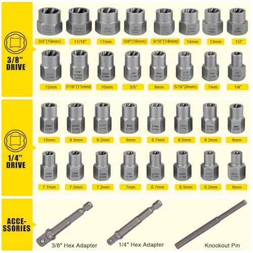 TOPEC Bolt Extractor Kit, 35-Piece Stripped Bolt Extractor Socket Set, 1/4" & 3/8" Drive Easy Out Socket Set, Nut Remover for Removing Broken, Rusted, Rounded Fasteners
