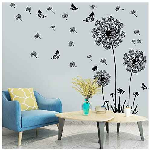Black Dandelion Wall Stickers Flower Butterflies Flying Wall Decal, Removable Walls Art Stickers for Bedroom Living Room Sofa Backdrop TV Decoration