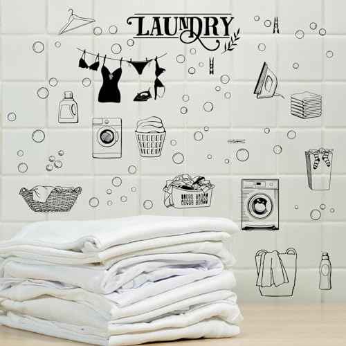 CREATCABIN 4 Sheets Laundry Wall Decals Laundry Room Quotes Wall Stickers Bubble Wall Stickers Removable 4 Styles DIY Wall Art Decor Home Decoration for Laundry Room Bathroom Black 11.4x7.9 Inch