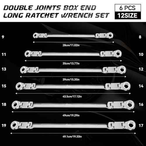 DISEN Double Jointed Extra Long Flex Head Ratchet Wrench Set, 6 PCS Metric 8-19mm Box End Ratcheting Wrench with a Magnetic Pickup Tool Kit, 72-Teeth, Cr-V Steel,12 Point Combination Wrench set