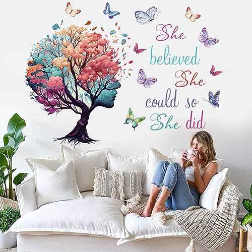 Inspirational Quotes Wall Art - 'She Believed She Could So She Did' Tree & Butterfly Decal Stickers for Women & Girls Bedroom & Living Room Decor