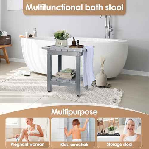 HDPE Shower Bench for Inside Shower ? Waterproof, Durable Shower Chair and Stool for Adults ? Complete with Storage Shelf & Adjustable Feet ? Supports 300 lbs for Bathroom & Bathtub, Gray