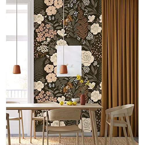HAOKHOME Peel and Stick Wallpaper Floral Vintage Removable Rose Leaf Black/Brown/Beige Stick on Mural 17.7in x 6.6ft
