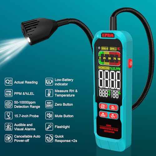 Kiprim Gas Leak Detector with Extended 15.7-Inch Gooseneck,PPM or%LEL Gas Real-Time Gas Concentration Display Portable Natural Gas Tester with Audible & Visual Alarm for Home and RV GD02