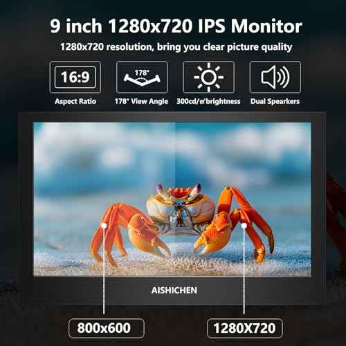 9 Inch Small Monitor Built-in Speakers, Mini Monitor 1280 x 720, HDMI VGA Input 60 Hz 3ms IPS Screen Display, Security Display for Raspi CCTV Camera Car HDMI VGA Input Metal Shell