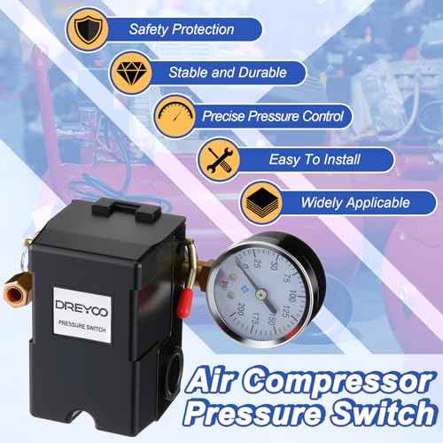 Dreyoo Air Compressor Pressure Switch 135-175 4-Port 20 Amp with 0-200 PSI Gauge and 200 PSI Safety Relief Valve, 1/4" NPT Replacement Pressure Switch Parts for Air Compressor