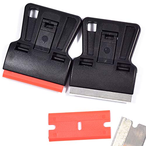 Portable 1.5inch Mini Metal Razor Scraper and Plastic Scraper with Blades, Putty Knife Set Removing Glue, Stain, Vinyl, Labels, Stickers, Decals, Pack of 2