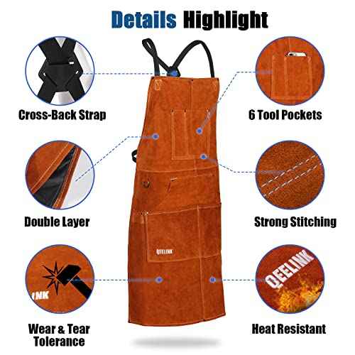 QeeLink Leather Welding Work Apron with 6 Tool Pockets, Heat & Flame Resistant Aprons, 24" x 36", Adjustable M to XXXL