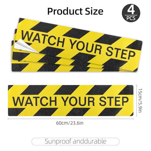 4 PCS Watch Your Step Floor Decals Stickers 5.9 x 23.6 Inch, Self Adhesive Anti Slip Watch Your Step Sign, Warning Sticker Adhesive Tape for Workplace Safety Wet Floor Cautio