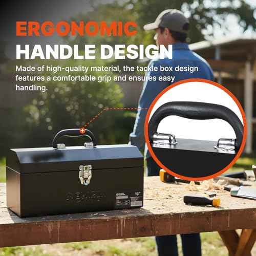 Black Canyon 16 Inch Tool Box, Metal Tool Box, Carbon Steel, Portable&Padlockable, 4 Non-Slip Foot Pads, Ideal for Trailer, Mechanic, DIY-ers, Car Toolbox, Workshops, Garages, Repair Shops