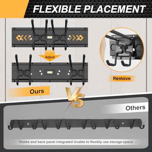 Garage Tool Organizer Wall Mounted, 48 Inches Adjustable Lawn Tool Organizers for Garage, 7 Adjustable Wall Hooks Heavy Duty Yard Tool Organizer Hold Up to 600lbs