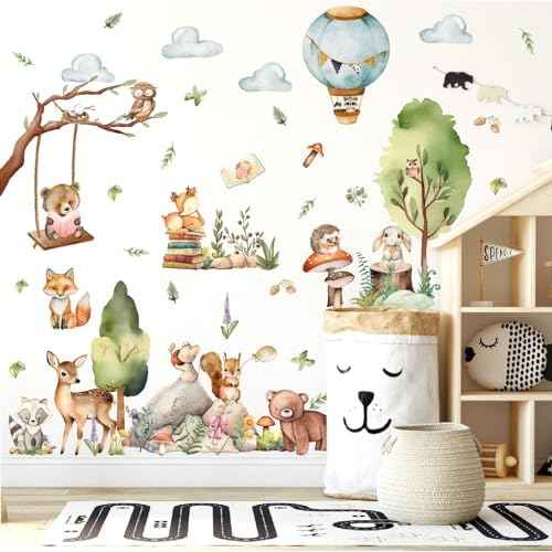 Woodland Animal Wall Stickers Jungle Forest Animal Wall Decals Cartoon Animals Wall Decals Peel and Stick Cute Balloon Cloud Tree Animals Wall Stickers for Nursery Kids Room Playroom Decor