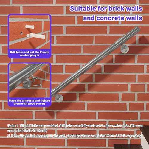 3 Ft Industrial Metal Stairs Handrail Kit, Sturdy Wall Mount 304 Stainless Steel Hand Rail, Indoor Outdoor Stair Railing Wood Concrete Brick Wall,1.65 in Round Pipe Grab Bar, Silver