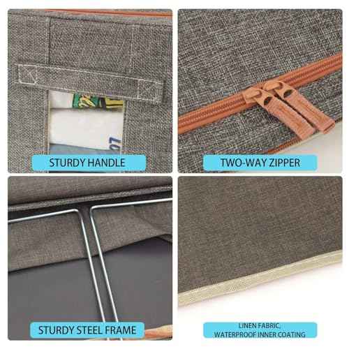 3 Pack 22L Foldable Clothes Storage Bins Box Stackable Steel Frame Closet Containers Organizer with Clear Windows Linen Fabric Bags for Beddings/Quilt