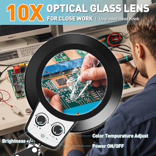 Helping Hands Soldering Station, 10X Magnifying Glasses with Light and Stand, 4 Magnetic PCB Pillars, Infinite Color Stepless Dimming Magnifier Lamp for Electronic Repair Model Craft