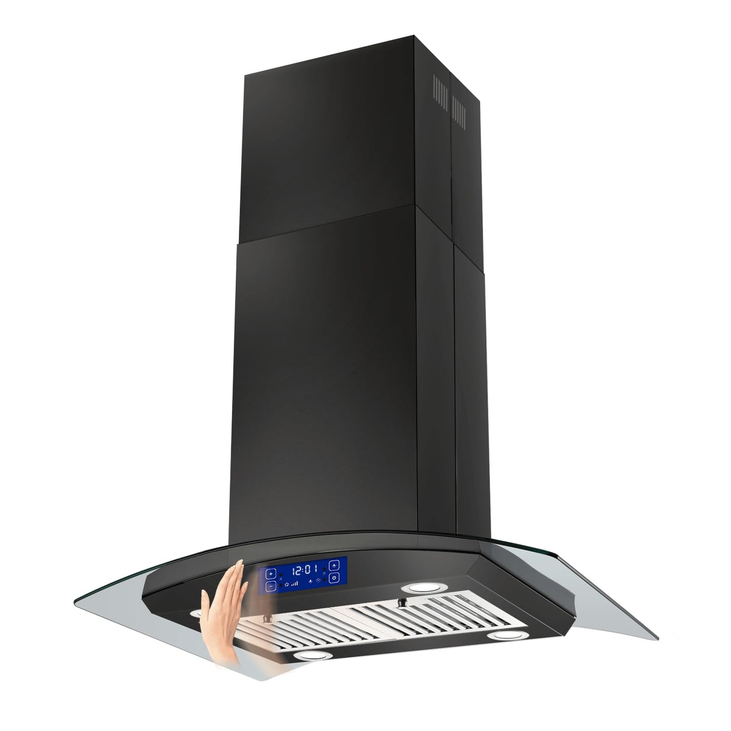 JOEAONZ 30 Inch Island Range Hood Black 700CFM, Gesture & Touch Panel Ceiling Mount Vent Hood, Stainless Steel Kitchen Exhaust Fan Convertible, Tempered Glass, LED lights, Permanent Baffle Filters