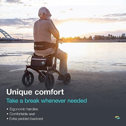 Helavo All Terrain Walker with Puncture-Proof, Flat-Free Solid Rubber Tires, 12" Wheels - Foldable Outdoor Walker for Seniors with Seat, Ergonomic Handles and Extra Padded Backrest