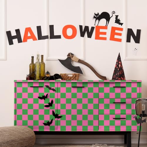 Pink Green Checkered Peel and Stick Wallpaper 70s Retro Funky Checkered Contact Paper Geometric Waterproof Wallpaper Neutral Checkerboard Decor for Bathroom Cabinet(9.8' x 15.75'')