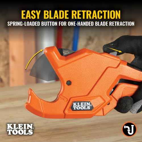 Klein Tools 50044 Ratcheting PVC Pipe Cutter Tool, 1-1/4 Inch I.D. Cutting Capacity for PVC, CPVC, and PEX Pipes, One-Handed Blade Retraction