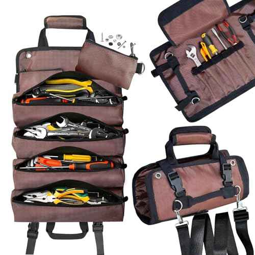 Tool Bag Roll up, Heavy Duty Tool Bag Organizer, Tool bags for Men Women, Portable Tool bag with shoulder strap, Small Carrier Bag for Electrician Mechanic, Father Day Dad Gifts, Gifts for Men, Brown