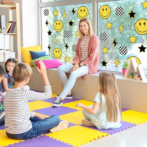 Whaline 12 Sheets One Happy Dude Wall Stickers Black Yellow Smile Face Lightning Star Checkered Dot Wall Decals Preppy Room Mural Stickers for Party Home, 7.9 x 11.8 Inch