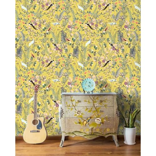 HAOKHOME Peel and Stick Wallpaper Yellow Botanical Bird Chinoiserie Vintage Wall Paper Self Adhesive Contact Paper for Accent Wall Shelf Liner 17.3in x 9.8ft