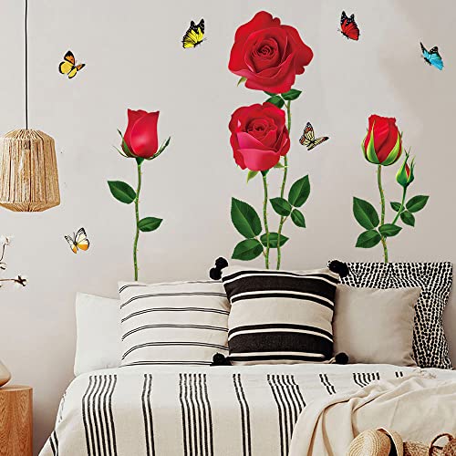 Romantic Red Rose Flower Wall Stickers Butterfly Floral Wall Decals DIY Wall Art Murals for Girls Woman Wedding Room Bedroom Bedside Backdrop Decorations