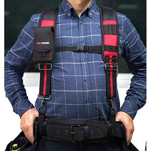 MELOTOUGH Tool Belt Suspenders Construction Work Suspenders with detachable phone holder comfortable foam shoulder padder (Red)