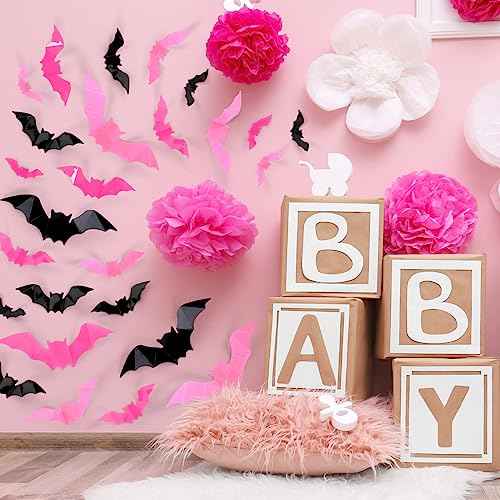 Whaline 224Pcs Halloween Wall Decoration 3D Bats with Foam Adhesive Black Pink Rose Red Waterproof Spooky Bats Stickers Hocus Pocus Party Supplies for Halloween Home Wall Window Door Decor, 4 Sizes