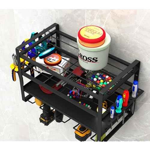 Garage Power Tool Storage System, Wall Mounted Power Tool Storage Organizer, Heavy Duty Power Tool Organizer, Power Tool Rack. Load capacity is 150 lbs, black rust resistant with 8 hooks.