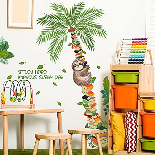 Book Tree Plants Sloth Wall Sticker, Cute Sloth Climbing on The Tree Wall Decal, Removable DIY Vinyl Mural Art Wallpaper D?cor for Reading Room Kids Bedroom Nursery Classroom
