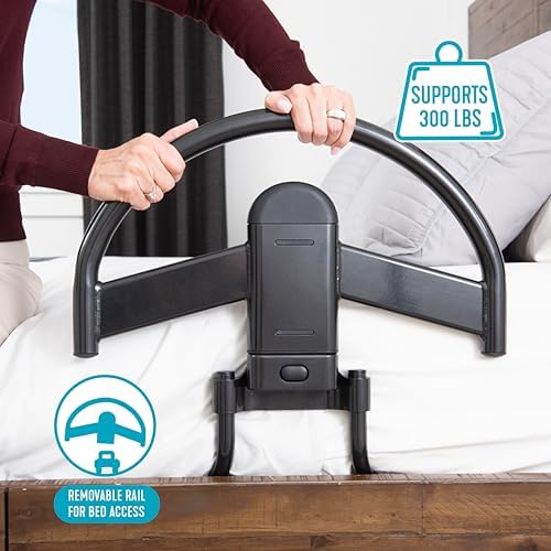 Able Life Click-N-Go Bed Handle for Wood Adjustable Bedframes, Removable Stand Assist Rail for Adults, Seniors and Elderly, Bedside Railing with Safety Strap, ASTM Safety Approved Bedrail