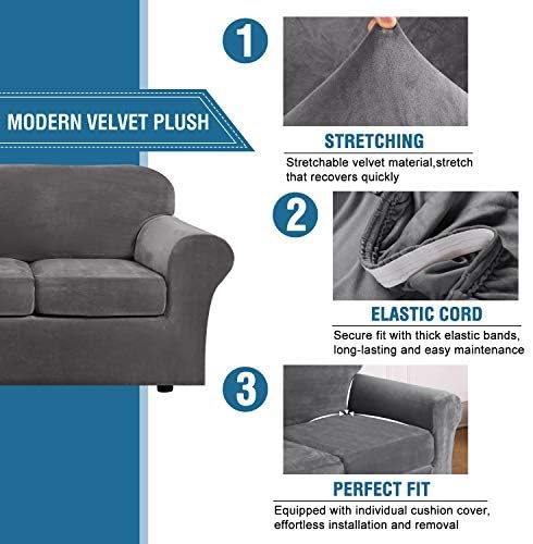 H.VERSAILTEX Velvet 4 Piece High Stretch Sofa Slipcover Cover Furniture Protector Form Fit Luxury Thick Velvet Extra Large Sofa Cover for 3 Cushion Couch Width Up to 105 Inch (XL Sofa, Gray)