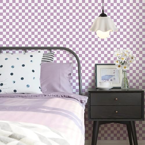 CAX Mosaic Wallpaper Purple and White Peel and Stick Wallpaper 17.3''x120'' Checkered Contact Paper Modern Self-Adhesive Removable Wallpaper Checkerboard Waterproof Wall Paper Bedroom,Living Room