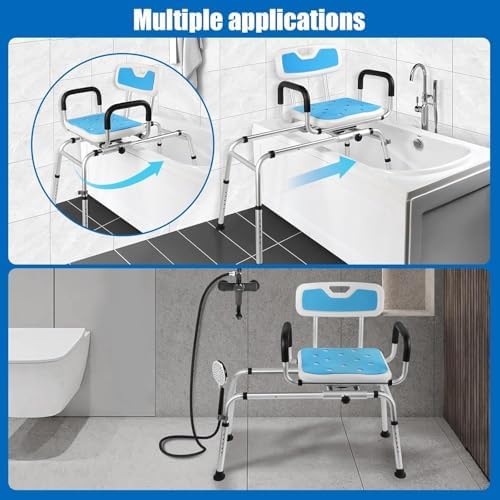 Sliding Shower Chair Tub Transfer Bench with Swivel Seat-Adjustable Height, Padded Armrests & Non-Slip Feet - Shower Chair for Inside Tub, Ideal for Seniors & Disabled