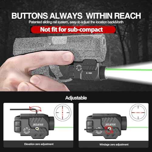 Solofish 800lm Pistol Light Laser Combo with Adjustable Rail, Shockproof Green Laser Sight and Gun Light with Strobe Function, Rechargeable
