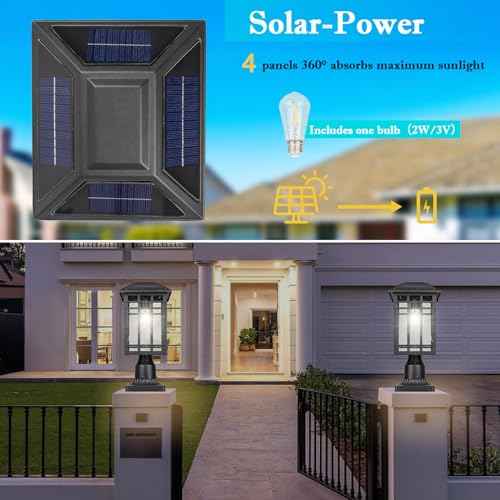 Solar Post Lights, Outdoor Post Lights Solar Powered, Waterproof Anti-Rust Black Post Lights with Seeded Glass, LED Solar Powered Lamp for Front Door, Porch, Garage, and Patio £¨Bulb Included£©SR018-P