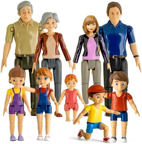 Dollhouse People, Bendable Dollhouse Family Set â 9 Poseable Figures Including Grandpa, Grandma, Mom, Dad, Sister, Brother, Cousins, and a Baby Girl â Perfect for Dollhouse Play and Imaginative Fun