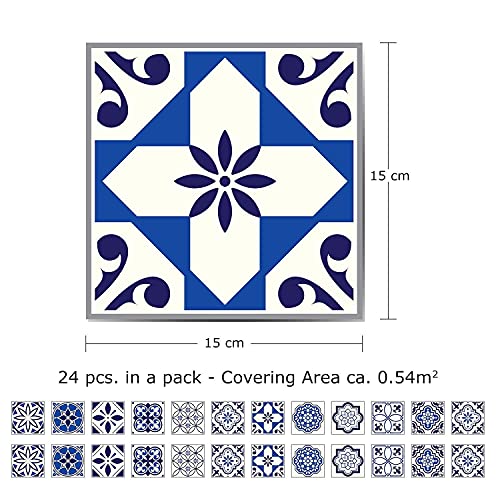 WALPLUS 24pcs 6" Peel and Stick Vinyl Backsplash Tiles Stickers Tile Paint Removable Waterproof Self-Adhesive Decals Vinyl Home Kitchen Bathroom Spring Easter Decoration (Spanish & Moroccan Blue)