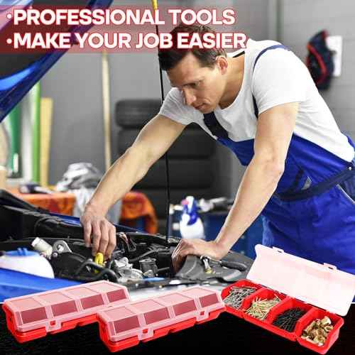 4 Pcs Screw Organizers, Stackable Bins with Lids Plastic Hardware Organizer Box with Compartment Bolt Organizer Plastic Divided Storage Containers for Garage Tools Nails Small Parts (RED)