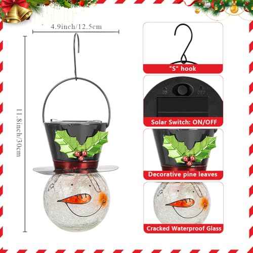 Starsoul 2 Pack Snowman Solar Lanterns, Christmas Outdoor Hanging Lantern Waterproof Decorative Snowman Lights Decor for Garden, Patio, Yard, Porch, Xmas Holiday Party Decor (Large Leaves)