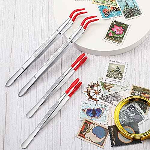 2 Pieces Bent Tip Tweezers with Rubber Tips PVC Coated and 2 Pieces Tweezers Rubber Coated PVC Soft Non Marring Flat Tips Lab Hobby Jewelry Craft Stainless Steel Tool(Red)