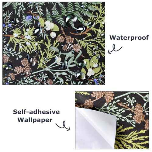 Okydoky Peel and Stick Wallpaper, Black Floral Wallpaper, 17.3"x236", Boho Leaf Wall Paper, Self-Adhesive Contact Paper, Home Decor for Bathoom Kitchen Wall Cabinet, Vinyl Waterproof L93192-6(US)