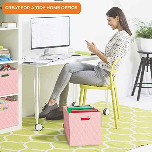 11 inch Pink Foldable Diamond Patterned Faux Leather Storage Cube Bins Set of Two with Handles for living room, bedroom and office storage