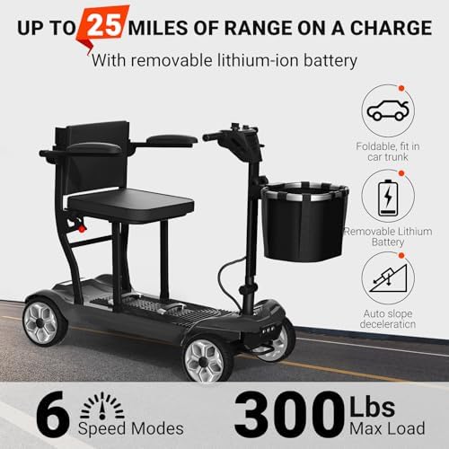 DA-031 4-Wheel Mobility Scooter for Adults/Seniors, One-Click Collapsible, Emergency Brake, Removable Battery & Basket, Seat Storage, Dustproof Cover. - Black