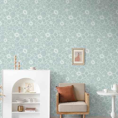 GloryTik Peel and Stick Wallpaper Boho Floral Contact Paper Grey Green Removable Self Adhesive Wall Paper Stick on Wallpaper for Bedroom Bathroom Cabinets Decor Vinyl Roll 17.3"¡¿ 78.7"