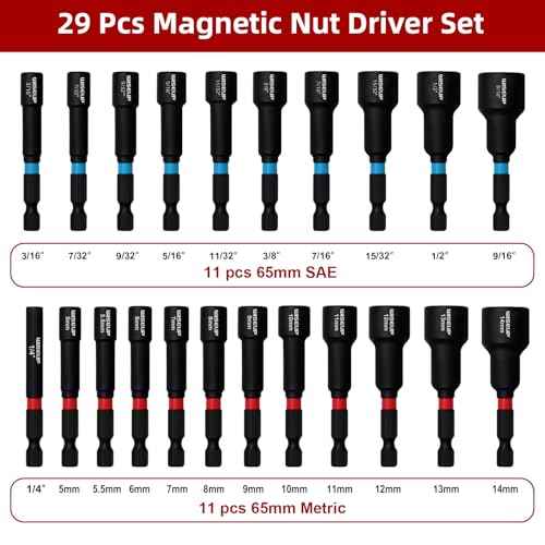 WISEUP 29PCS Magnetic Nut Driver Set£¬Impact Drill Driver Bit Set & 1/4" Hex Shank£¬Cr-V Steel SAE & Metric Power Nut Drivers£¬Includes Magnetic Bit Holder, Quick Release Extension with Storage Bag