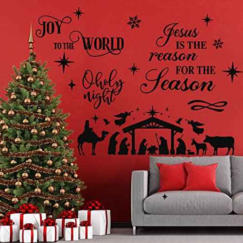 3 Pcs Nativity Scene Decor Stickers Christmas Bible Quotes Christian Vinyl Wall Decal Set Jesus is The Reason for The Season Bible Verse Wall Decals Joy to The World Stickers for Home