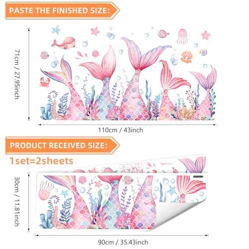 Mermaid Tail Wall Stickers, Sunoyar Colourful Mermaid Foam Wall Decals for Girls Kids, Removable Sea Marine Theme Mural Decor for Daycare Bedroom Bathroom (Pink)
